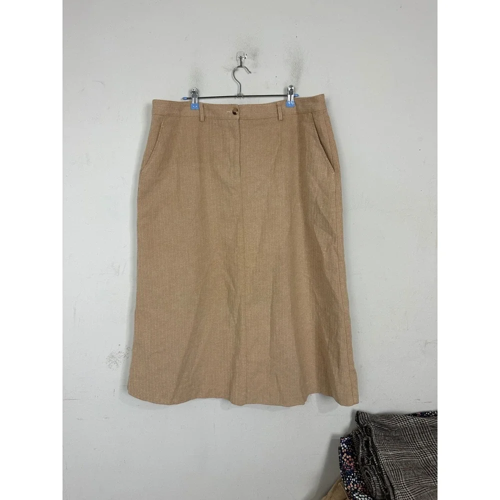 LL Bean Classic Fit Straight Skirt Tan Herringbone Cotton Midi 18 Reg 270947